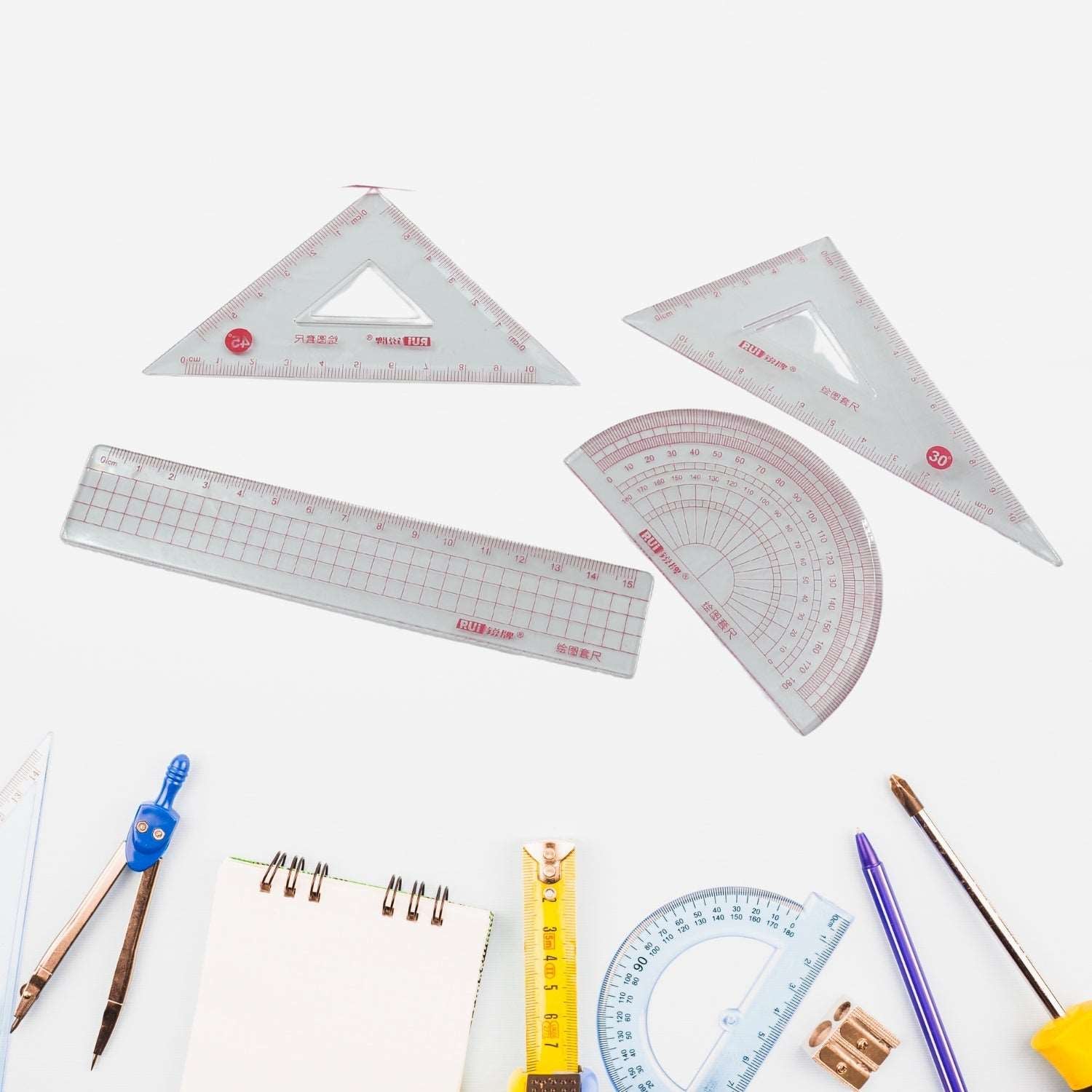 4 Pcs Math Set for Kids and Students, Plastic Geometry Set with Ruler, Protractor and Squares, School Supplies