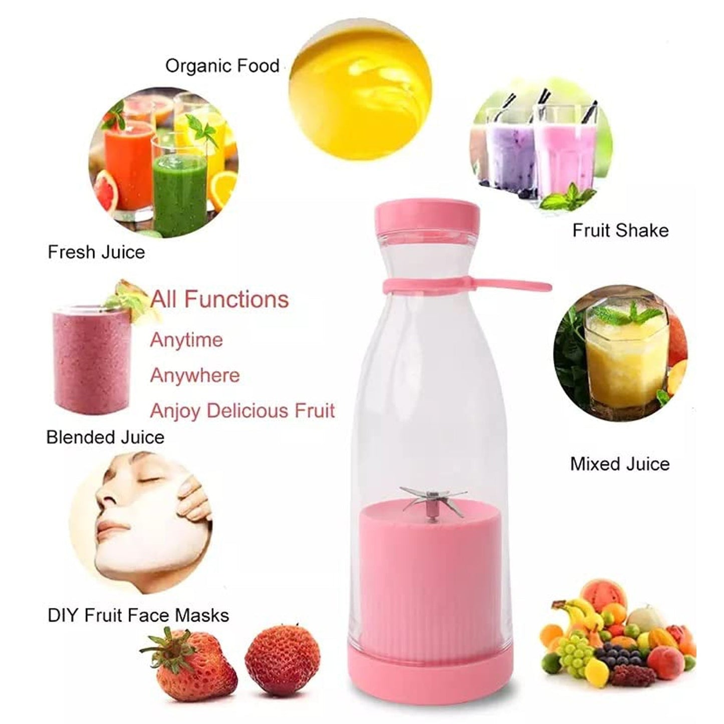 Blender Portable Juicer with 4 Blades Wireless Charging Mini Personal Size Mixer Bottle Grinder 350 Ml