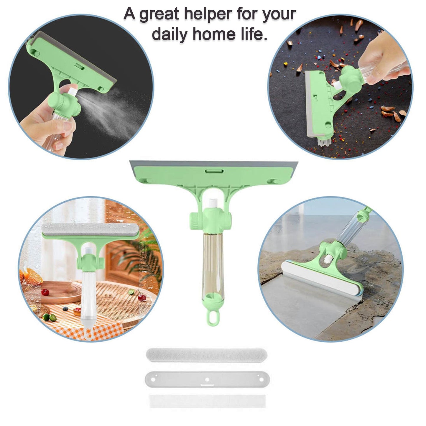 4 in 1 Multifunctional Glass Scraper, Window Glass Wiper with Watering Can, Silicon Cleaning Squeegee with Two Brush Heads