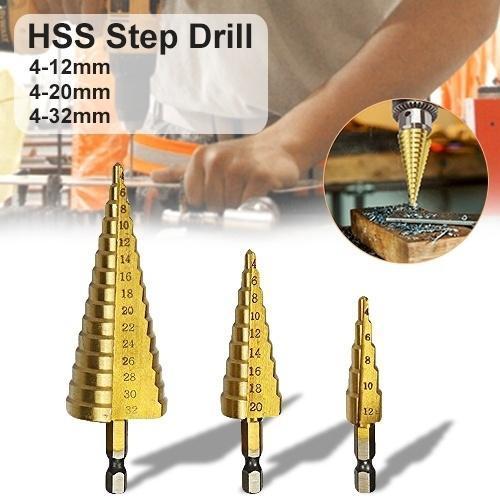 3X Large HSS Steel Step Cone Drill Titanium Bit Set Hole Cutter (4-32, 4-20, 4-12mm)